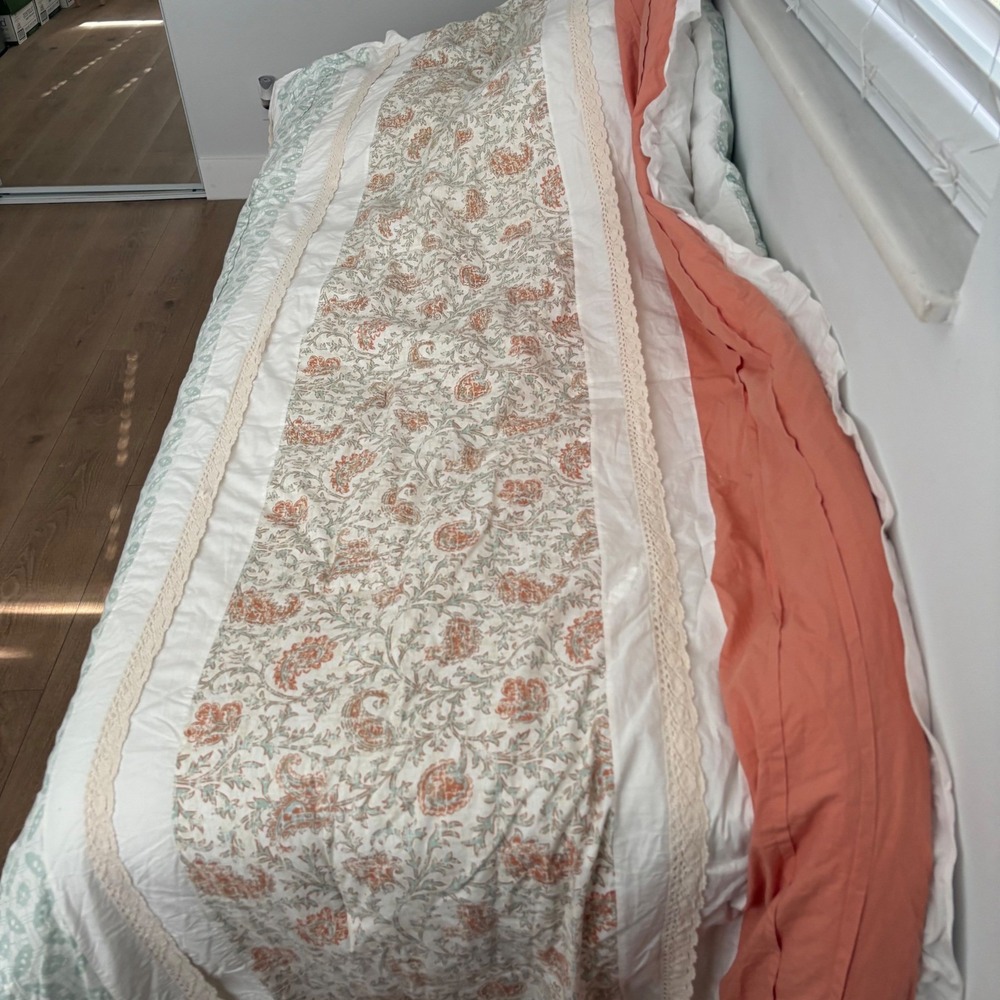 Madison Park Dawn Floral Patchwork King Comforter w/2 Shams Coral Grn Lace Trim